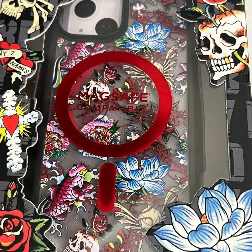 Ed Hardy Floral Skull iPhone 15 Case - Red, Blue, and Black